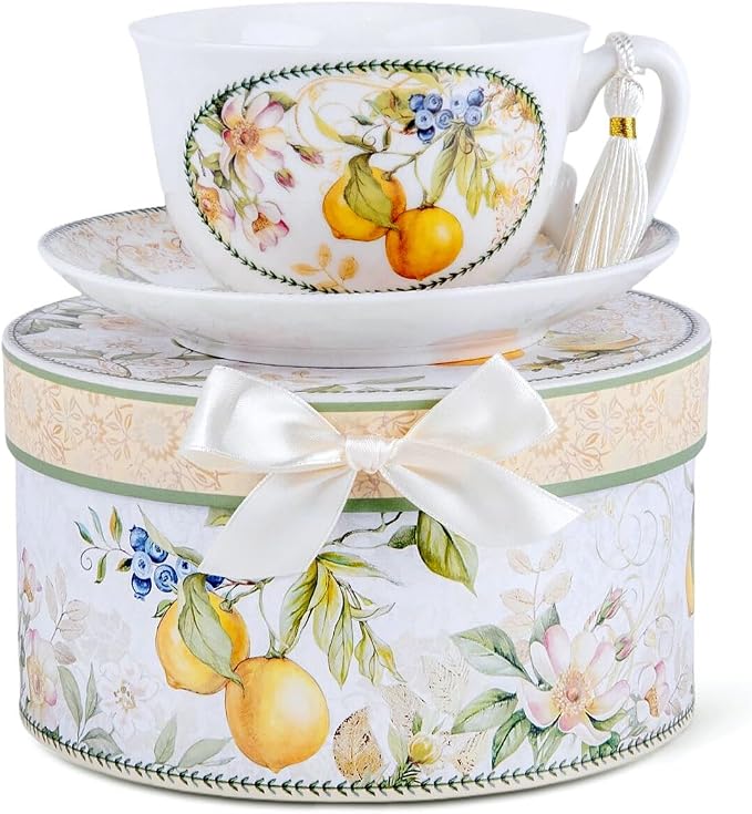 STP GOODS Bone China Tea/Coffee Cup and Saucer in Gift Box Fine Bone China Coffee Cup with Saucer Tea Cup Set of One (Lemon)