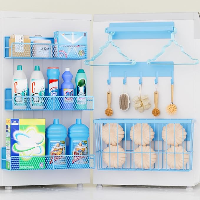 DTUQYX 6-Pack Magnetic Shelves for Washing Machine & Refrigerator, Heavy-Duty Laundry Organizer with Hanger Holder & Deep Baskets, Metal Storage System for Laundry Room (Blue)