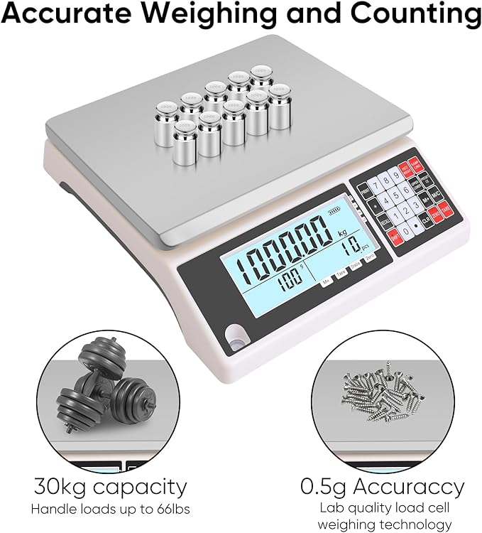 Industrial Counting Scale 30kg/0.5g Precision Electronic Gram Scale for Parts and Coins Piece Counting Scale, Digital Inventory Counting Scale (g/kg/lb)