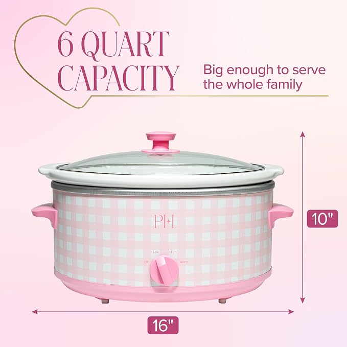 Paris Hilton 6-Quart Manual Slow Cooker, Features Three Settings (Low, High, Warm), Naturally Nonstick and Dishwasher Safe Stoneware Insert, Family Sized Capacity, Gingham Pink