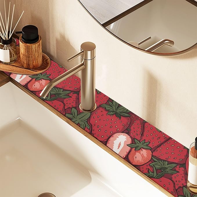 Kitchen Sink Splash Guard 2 PCS 30 Inch Sink Faucet Mat Splash Guard for Bathroom Countertop Water Absorbent Foldable Cuttable Soft Washable Cartoon Red Strawberry