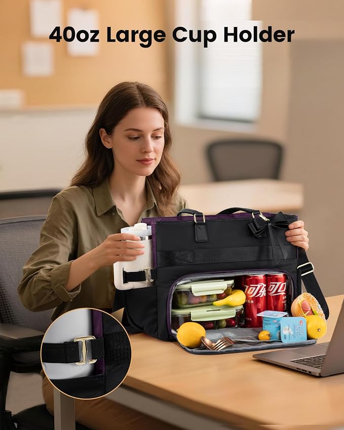 LOVEVOOK Lunch Tote Bag for Women, Large Capacity Work Bag with Laptop Compartment, Teacher Tote Bag with Zipper, Handbag Insulated Bag Leakproof for Nurse, Office, College, Black-Purple, 17.3 Inch