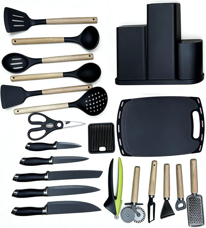 Kitchen Utensils and Knives Set, 20PCS Knife and Cooking Spoon Tools Set with Storage Holder, Sharp Stainless Steel Knife Sets with Bread, Chef Knifee (Black)