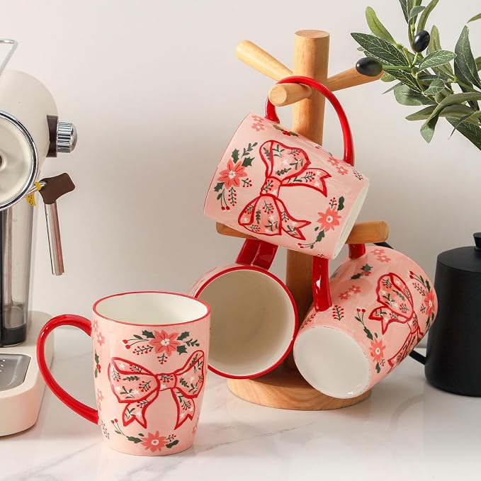 HASENSE Coffee Mugs Set of 4,16oz Ceramic Cups with Handle for Kitchen,Pink Bow Valentine's Day Latte Mugs for Hot Cocoa,Tea,Milk & Latte,Large Festive Stylish Mug Gift,Microwave and Dishwasher Safe