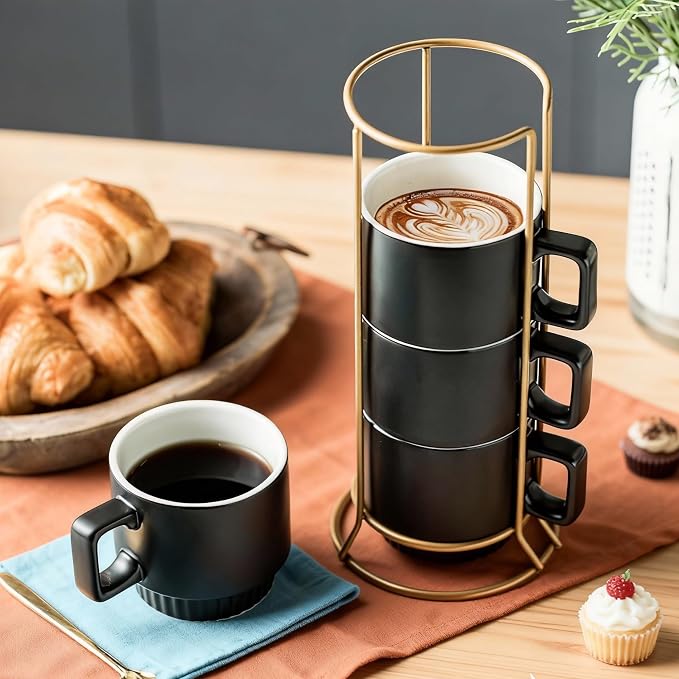 Miamolo Stackable Coffee Mugs with Stand Set of 4, Space-saving Storage | 11oz, Ceramic Latte Mugs | for Espresso Cappuccino Tea Hot Cocoa | Dishwasher & Microwave Safe | Housewarming Gift | Black