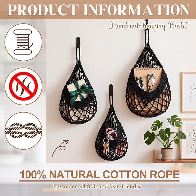 Honeydak Boho Decor Hanging Wall Baskets for Kitchen 3 Pack Teardrop Baskets with Hooks Storage Fruit Onion Vegetable Potato for Home 3 Sizes(Black,Crochet,Cotton Rope)