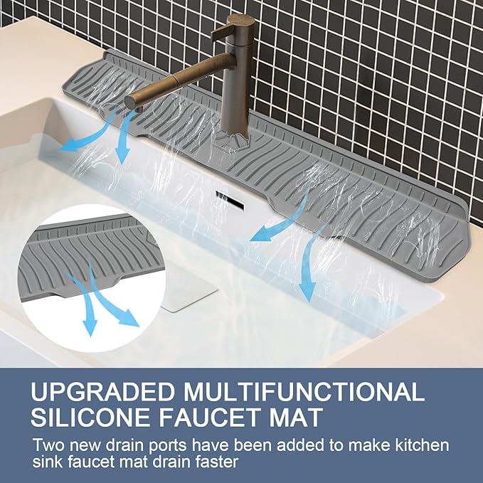 Sink Drain Mat Behind Faucet,Faucet Guard Draining Mat, 90° Foldable Tap Draining Mat for Kitchen Sink with 2 Water Ports, Faucet Drain Mats for Kitchen, Bathroom, etc (Gray, 29.5"*6.1")