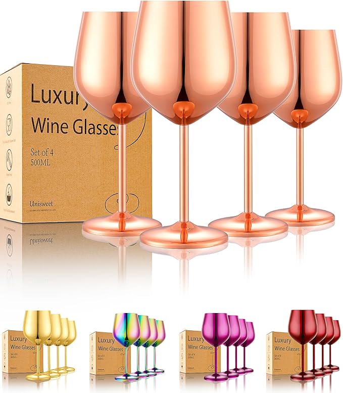 UNISWEET Stainless Steel Wine Glasses Set of 4 Unbreakable Wine Glass 18 oz Unique Metal Wine Goblets for Outdoor, Travel, Camping, Pool, Ideal Gift for Wine Lovers (Mirror-Rose Gold)