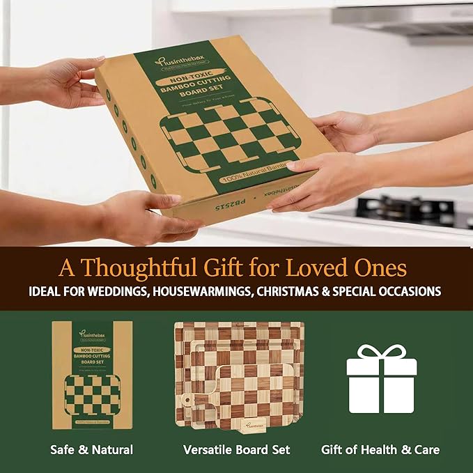 Bamboo Cutting Board Set of 3 for kitchen Checkered End Grain Wood Chopping Boards with Storage Stand & Deeper Juice Grooves | Wooded Butcher Block for Meat, Cheese, Charcuterie & Kitchen Prep
