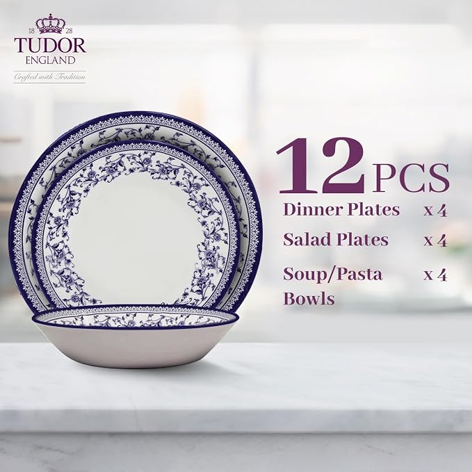 TUDOR ROYAL 12-Piece Round Porcelain Dinnerware Set, Service for 4 - Aster BLUE Design, Multicolor Floral, Plates Bowls Mugs Dishes, Premium Quality Tableware, Unique Pattern, Glossy