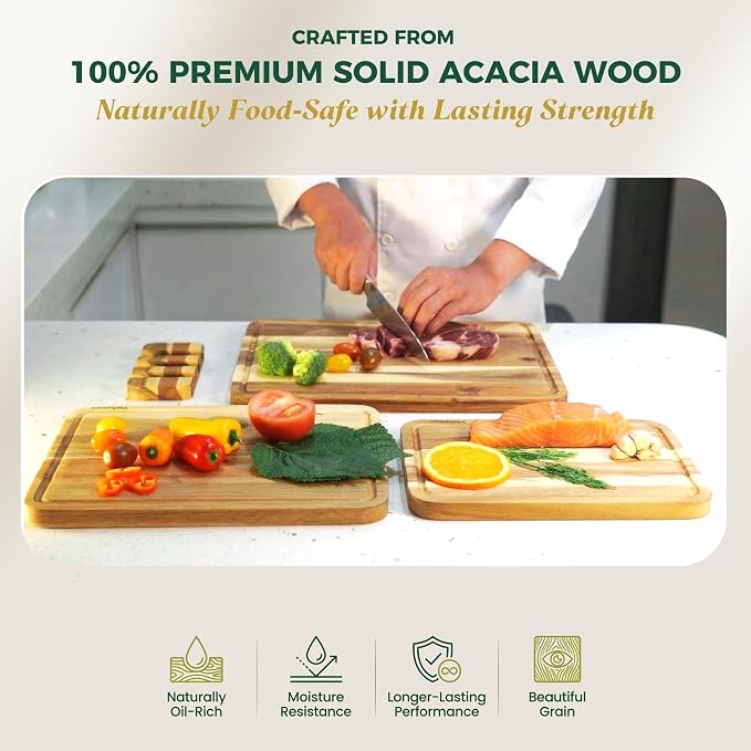 Acacia Wood Cutting Board Set of 3 with Stand (16"x12", 14"x10", 12"x8"), Edge Grain Charcuterie & Serving Boards with Juice Grooves & Handles