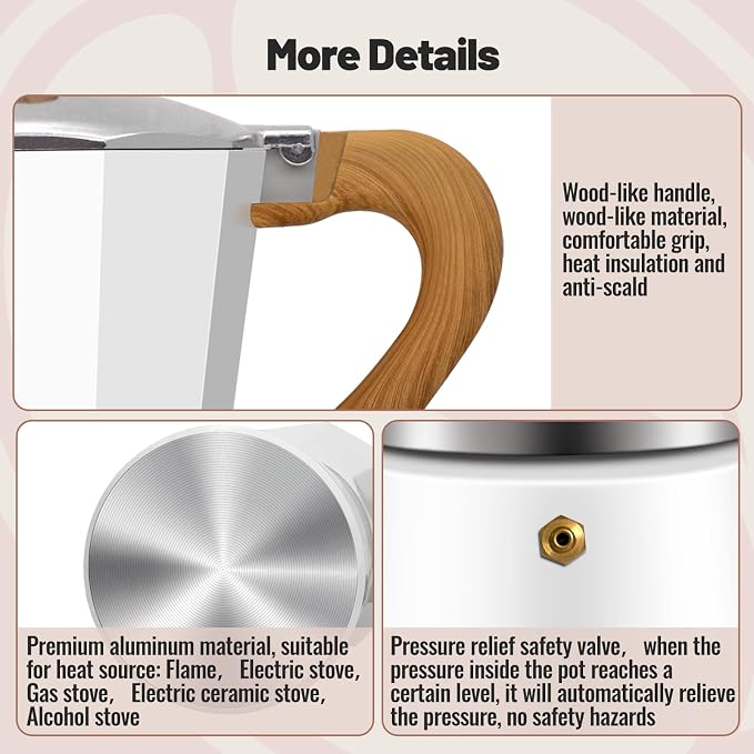 6 Cup Aluminum Moka Pot Classic Stovetop Espresso Coffee Maker 300ml 10oz Coffeemaker Percolator Mocha Express Preferred Cafe Makers for Italian and Cuban Café Brewing White