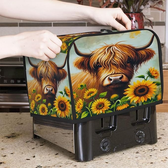 Sunflower Highland Cow 4 Slice Toaster Cover Dust And Fingerprint Bread Maker Cover Bakeware Protector Washable Appliance Covers Kitchen Accessories For Home Kitchen Women Gift