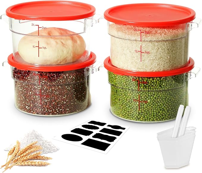2QT NSF Round Food Storage Containers with Lids: 4 PCS [Total Food Grade][Hot&Cold Resistant] Dough Proofing Container for Pizza, Bread with Measuring Spoons Included(BPA FREE) (RED)