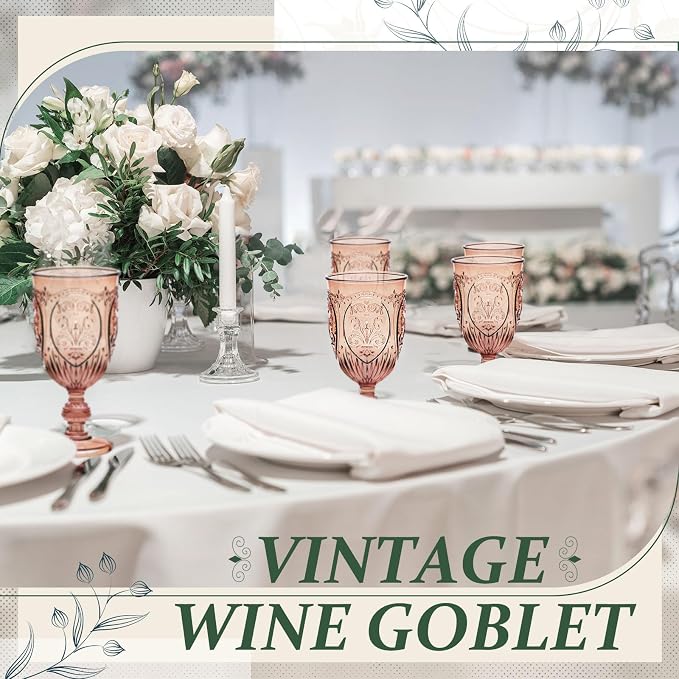 Wiwiqing 24 Pcs Plastic Goblets 7.5oz Vintage Goblet Plastic Wine Glasses Colored Retro Embossed Water Goblets for Wine Bar Juice Baby Shower Wedding Reception Grand Event Party (Rose Gold)