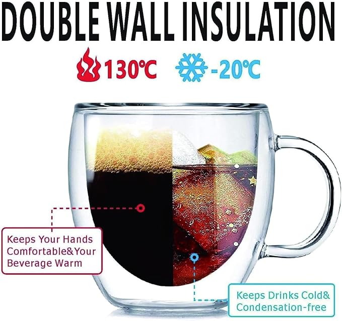 Espresso Cups Set Of 2, Double Walled Glass Coffee Mugs with Handle,Insulated Layer Coffee Cups,Clear Borosilicate Glass Mugs,Perfect for Cappuccino,Tea,Latte,Espresso (5oz-4Pack)