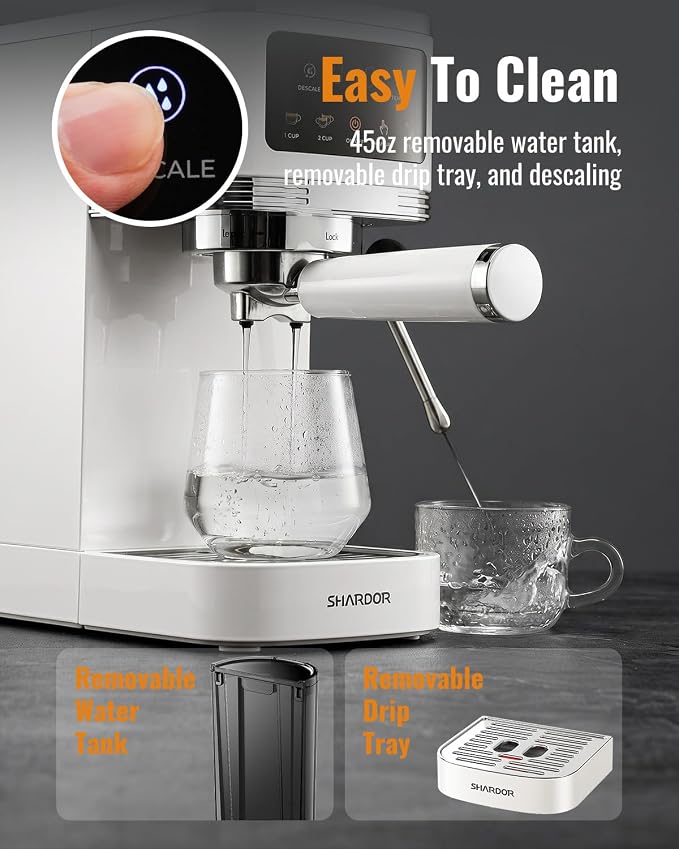 SHARDOR Espresso Machine 20 Bar, Professional Espresso Machine with Milk Frother and Touchscreen, Expresso Coffee Machines with Adjustable Temperature,for Cappuccino, Latte, Stainless Steel, White