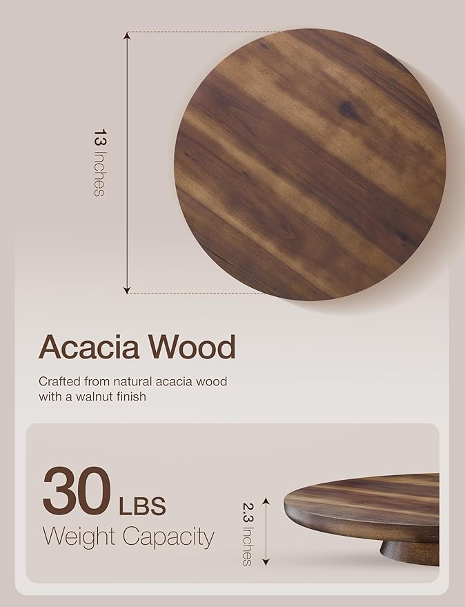 TIDITA 13" Acacia Wood Cake Stand – Cake Turntable, Rotating Cake Stand – Wooden Spinning Cake Stand for Decorating, Cupcake Dessert Display in Party, Wedding - No Assembly Required (Walnut Color)