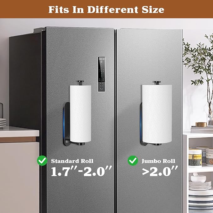 Swaitee Magnetic Paper Towel Holder for Fridge, Under Cabinet Paper Towel Holder Wall Mount, Self Adhesive No Drill, One Hand Tear Ratchet, Fits Jumbo Rolls, Black for Kitchen RV Garage