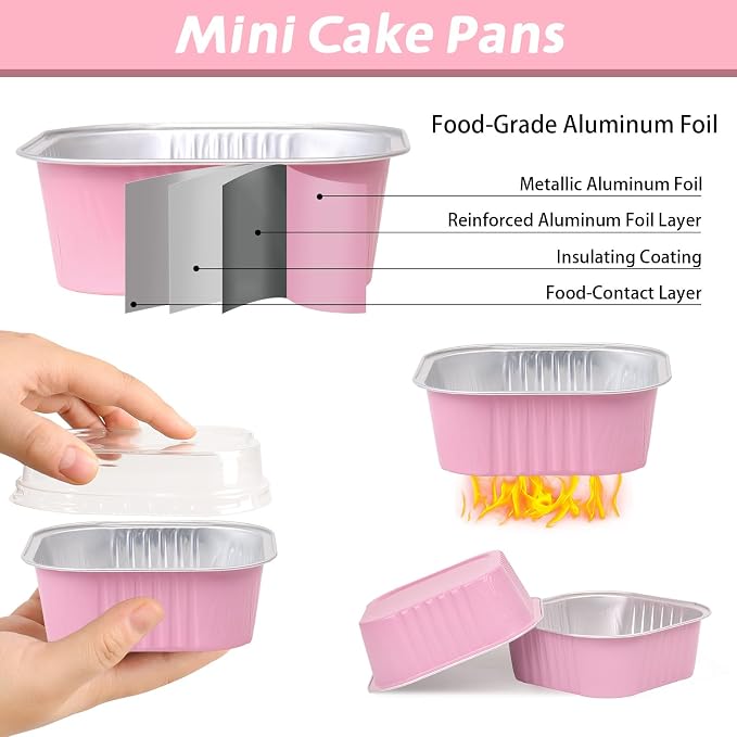 200 Pack 8 oz Pink Square Mini Cake Pans with Lids, Aluminum Foil Square Brownie Baking Cups for Ramekins Muffin Cupcake Wedding Birthday Party