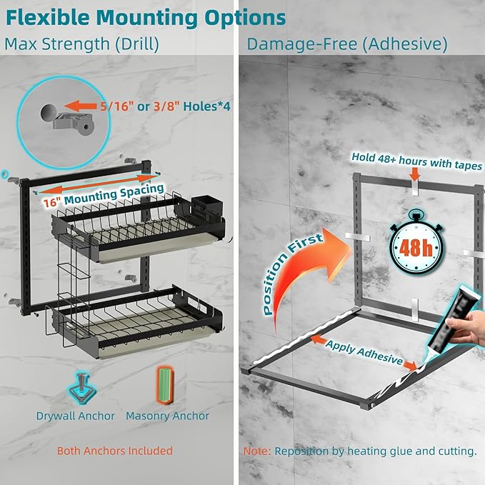 Hanging Wall Mounted Dish Drying Rack with Cutting Board Rack*1, Hook*4, Drain Tray*2, Apartment & RV Wall Mounted Dish Rack, Adhesive Mountable, 2 Layers & 16“ Long, Counter Free (Black)