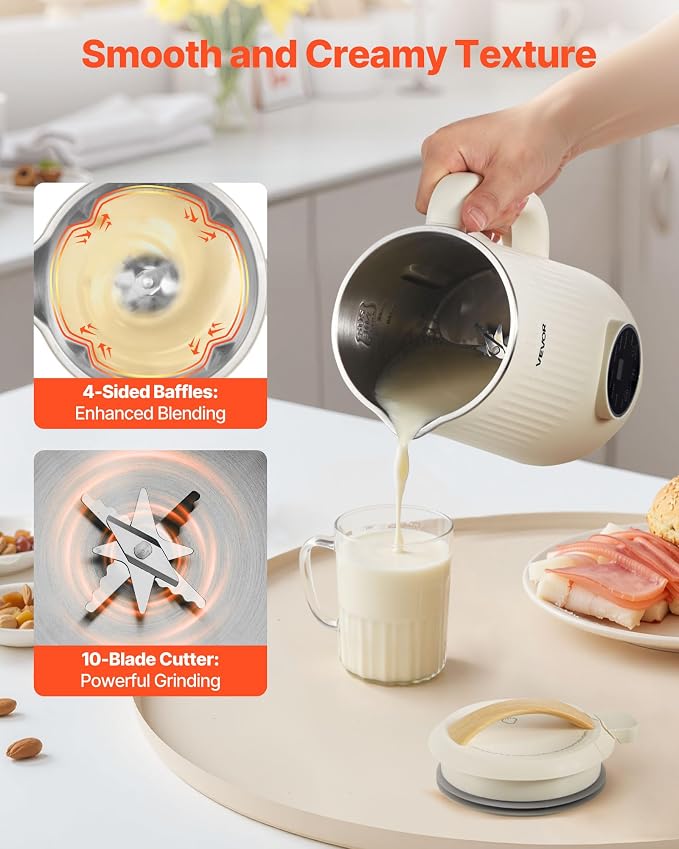 VEVOR 8-in-1 Nut Milk Maker, 34 oz Soy Milk Maker with 180W Blending, for Homemade Oat, Nut, Soy, Juice, Milkshake, Rice Cereal, Plant-Based Beverages with Self-Cleaning, Boil Water, 12-Hour Delay