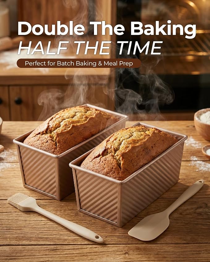 CARTMAN Bread Loaf Pan 2 Pack, 8x4 Pullman Loaf Pan with lid and a Silicone Spatula and Basting Pastry Brush, 1 lb Dough Capacity,Non-Stick Carbon Steel bread pans for homemade bread Champagne Gold