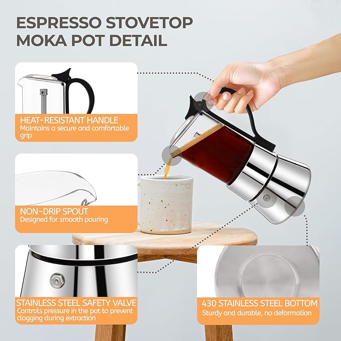 Clear Glass Moka Pot 4 Cup 220ml Stainless Steel Coffee Maker Uncoated Stovetop Espresso Coffeemaker Italian Classic Style Brewing Greca Cafe Mocha Machine for Cafeteras Camping Travel Home