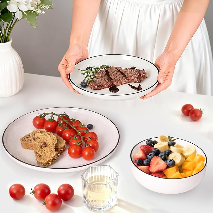Plates and Bowls Sets for 4,12 Pieces Ceramic Dish set, White Dinnerware Set for Kitchen, Modern Design Plate Sets with Black Rim, Microwave and Dishwasher Safe