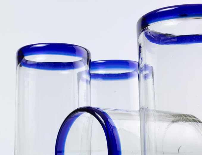 18 oz Hand Blown Mexican Drinking Glasses - Set of 6 tumblers, 18 fl oz each, Cobalt-Blue Rim
