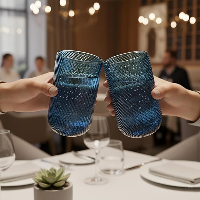 Set of 8 Ribbed Glassware,4 Highball Glasses 14oz & 4 Rocks Drinking Glasses 9oz, Origami Style, Fluted Design, for Milk, Water, Cocktail, Juice, Beer, ToothBrush Cup, Gif (Leaning Blue)