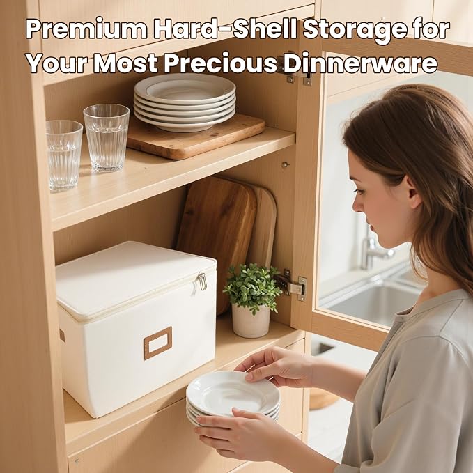 HOMELUX THEORY Plate Storage Box, 2pc 12"x8" Ivory Hard Shell China Storage Containers, Kitchen Storage Bins With Lids, Heavy Duty Moving Box with Handles for Dishes, Dinner Plate & Dinnerware