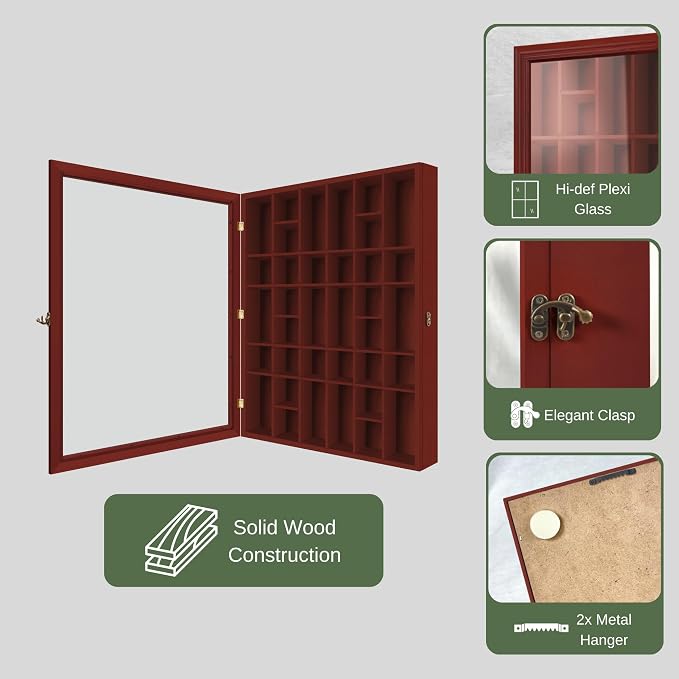 Shot Glass Display Cabinet Solid Wood - Large Display Case for Collectibles | Man Cave Accessories | UV Protection Acrylic Door | Wall Mounted Black Shadow Box (26 x 18 Mhg)