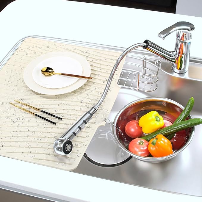 Teenyyou Extra Large Silicone Dish Drying Mat For Kitchen Counter Drying Pad 23.6 x 19 Inch Rubber Dish Drainer Mat with Drain Lip for Sink Drawer Liner(Beige)