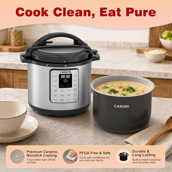 Silver 8 Quart Pressure Cooker, 1200W Multi-Function Cooker with Sauté, Steam, Yogurt & Sterilize Functions Dishwasher Safe & Secure Venting.
