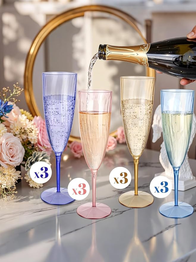 WDF 12PCS Colorful Plastic Champagne Flutes - 6 OZ Colorful Disposable Champagne Flutes - Perfect for Wedding Parties Birthday Valentines Day (Pack of 2)