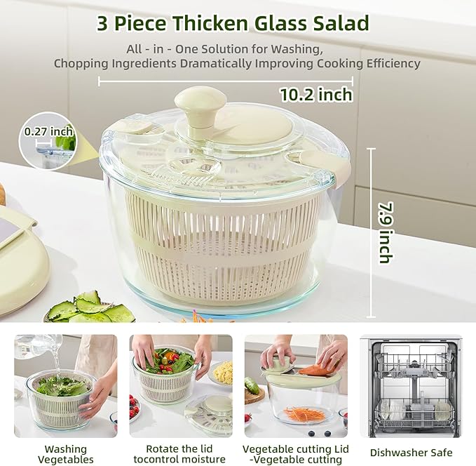 Borosilicate Glass Large Salad Spinner Vegetable Washer 5.2 Quart BPA-Free Slicer Drain with 5 Chopping Blades Dishwasher Safe Handle Washing and Dehydrating Lettuce Fruit Veggie Bowl