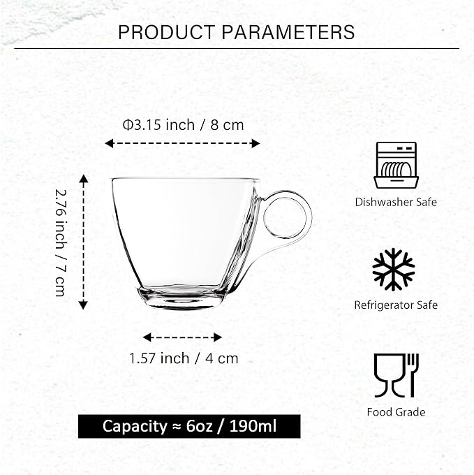 Glass Coffee Mugs with Handle - 6 oz Clear Small Glass Tea Cups for Tea, Espresso Coffee, Hot Chocolate, Dishwasher Safe