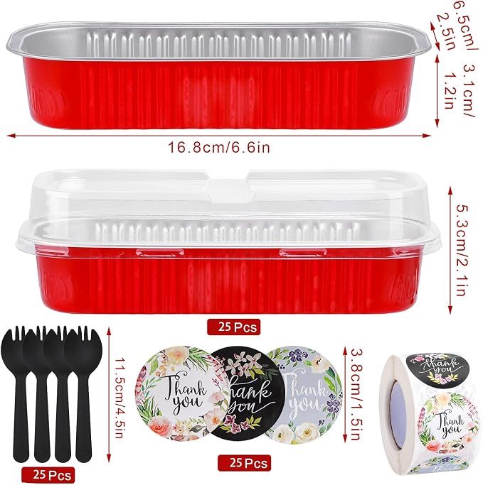 25Pack 6.8Oz Mini Cake Pans Disposable Mini Loaf Pans with Lids and Spoons and Stickers, Aluminum Pans for Baking Bread, Individual Dessert Cups for Sales,Party,Picnics,Celebration (Red)