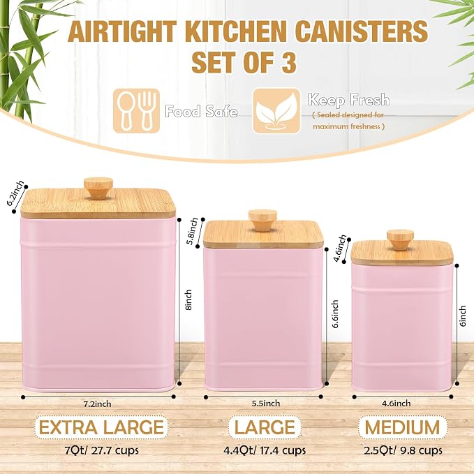 Tioncy Kitchen Canisters for Countertop Set of 3 Metal Canisters Sets with Bamboo Lids Spoon Airtight High Capacity Coffee Tea Sugar Flour Jars with DIY Labels Farmhouse Food Storage (Pink,XL,L,M)