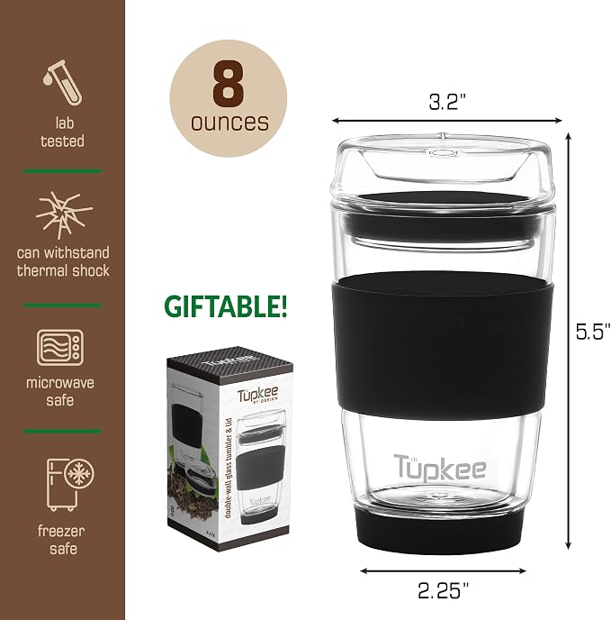 Double Wall All Glass Tumbler - 8-Ounce, Reusable Insulated Tea/Coffee Mug & Lid, Hand Blown Glass Travel Mug - Black - 2 Pack