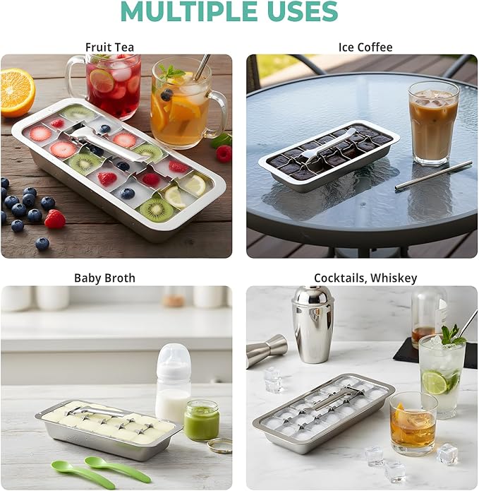 Ecozoi Stainless Steel Ice Cube Tray - 2 Pack of 18-Slot Metal Ice Cube Trays with Easy Release Lever - Plastic-Free, Eco-Friendly, Stackable Retro Vintage Ice Trays for Bars & Kitchens