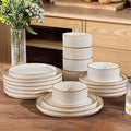 GBHOME 18-Piece Stoneware Dinnerware Set for 6 – Ribbed Ceramic Plates and Bowls, Scratch-Resistant, Microwave & Dishwasher Safe, Reactive Glaze, White with Honey-Brown Edge