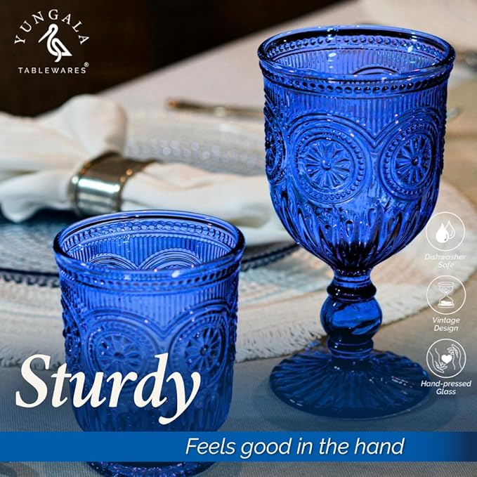 Cobalt Wine Glasses Set of 6 Goblets - Handcrafted Vintage Glassware with Sunflower Motif, Dishwasher Safe Cobalt Blue Glassware