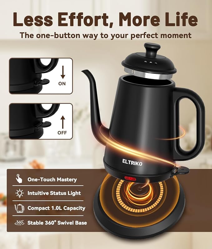 Gooseneck Electric Kettle for Coffee & Tea (Black) | 1L Capacity, 1000W Fast Heating, Stainless Steel, Auto Shut-Off, Boil-Dry Protection, BPA-Free