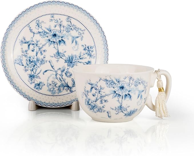 STP GOODS Blue Flowers Bone China Cup and Saucer Set in Gift Box (Blue)