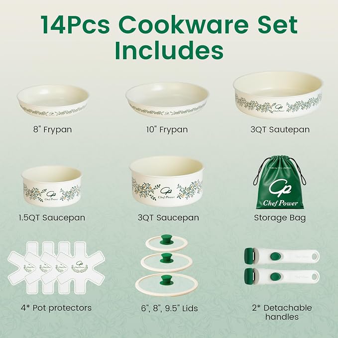 Chef Power Ceramic Cookware Set Non Toxic with Detachable Handles, Healthy Nonstick Decal Pans and Pots Set 14 Pcs, Induction Dishwasher Oven Safe Kitchen Set, Cream White with Olive Branch
