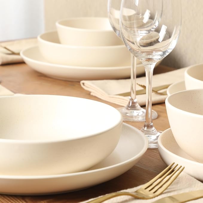 Gibson Elite Leeds Court Plates and Bowls Sets, 16-Piece Stoneware Dinnerware Sets, Cream White, Round Speckle Reactive Glaze Dish Set