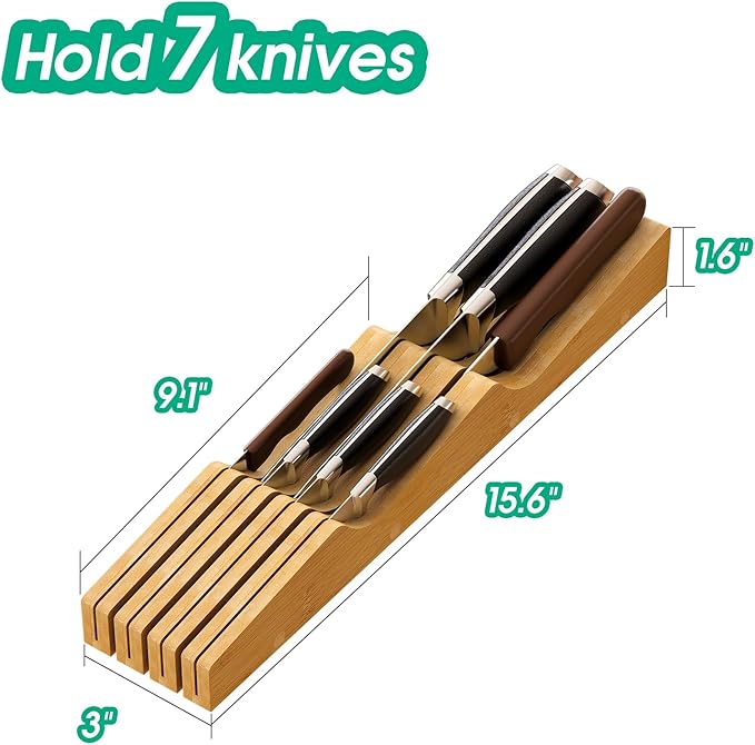 Knife Drawer Organizer, Bamboo Wood Knife Holder, Knife Block Fit for 7 Knives