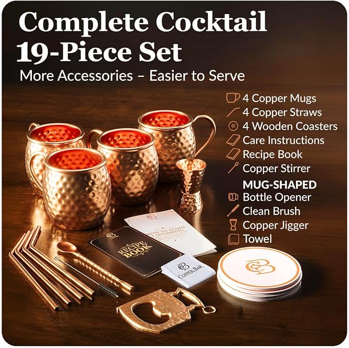 COPPER-BAR Moscow Mule Copper Mugs - Unique HANDCRAFTED Gift Set of 4, Hammered by Artisan, 100% Pure Solid Copper Cups 16oz for Drinking Water & Cocktails, Include 19 Pcs accessories & Special Opener